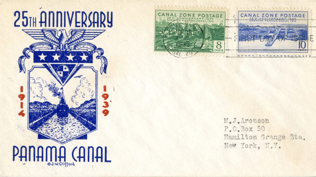 Envelope celebrating the 25th anniversary of the Panama Canal with two stamps created to celebrate the 25th anniversary.