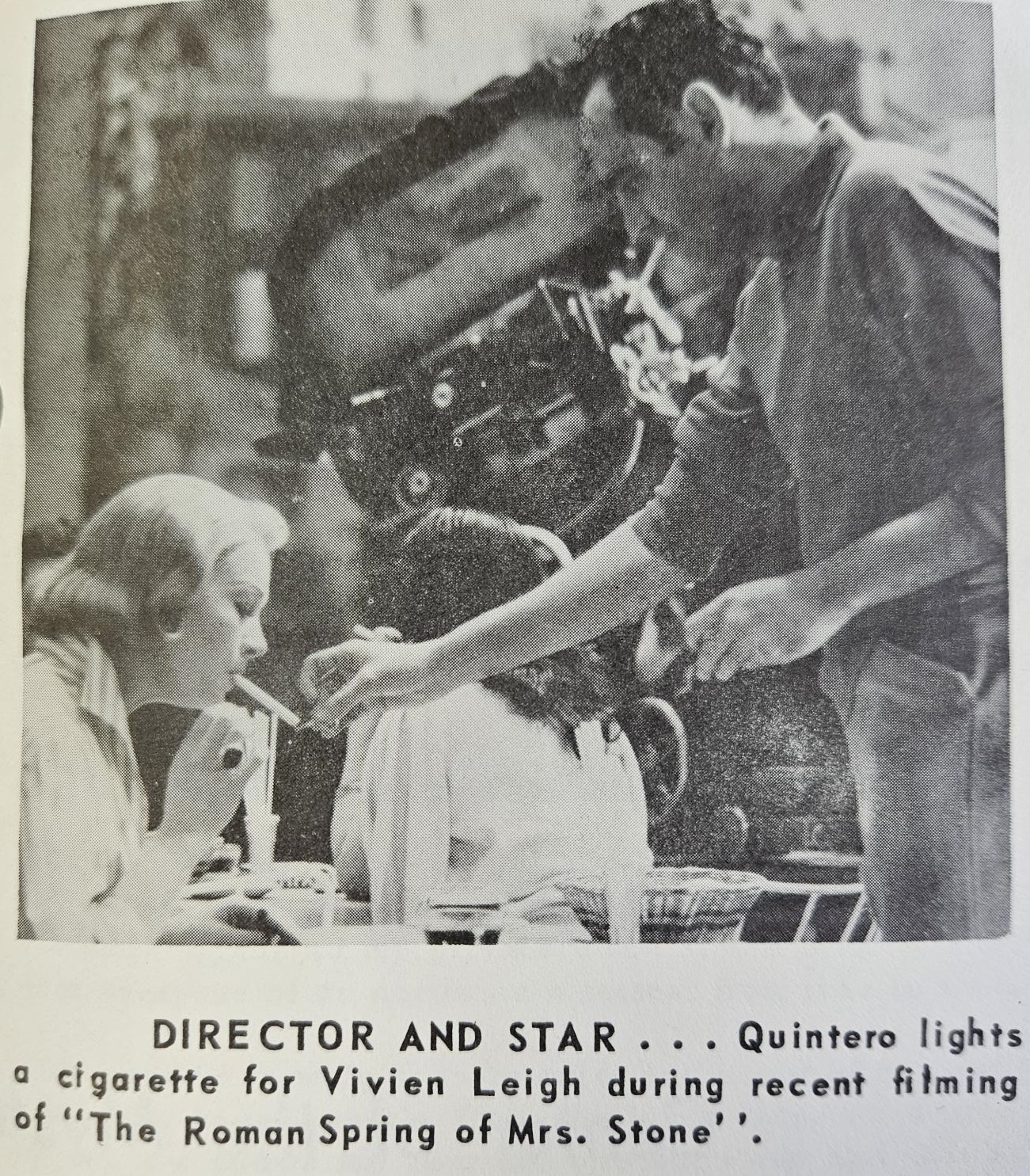 Photo of Jose Quintero lighting a cigarette for Vivien Leigh