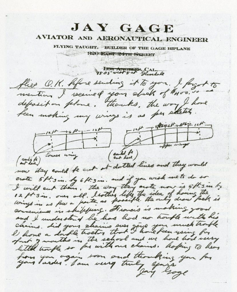 A page of stationary from Jay Gage Aviator and Aeronautical Engineer with notes and drawings describing the construction of Robert Fowler's airplane designed to fly across Panama.