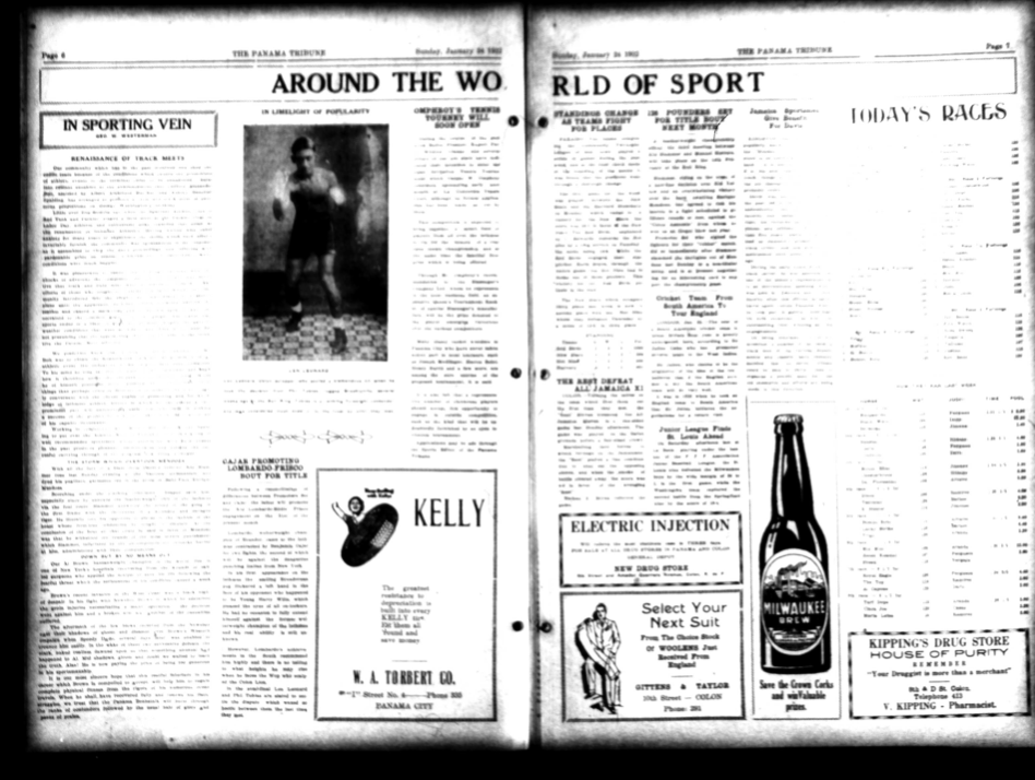 This image contains the pages in the sports section of the Panama Tribune. There are a few articles, an image of a male boxer, and advertisements