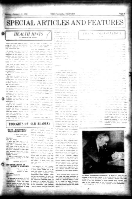 This image contains the page of the "Special Articles and Features" section of the Panama Tribune. There are articles and an image of a man writing something down.