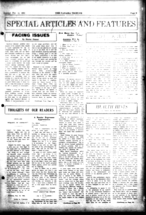 This image contains the page of the "Special Articles and Features" section of the Panama Tribune. There are only articles.