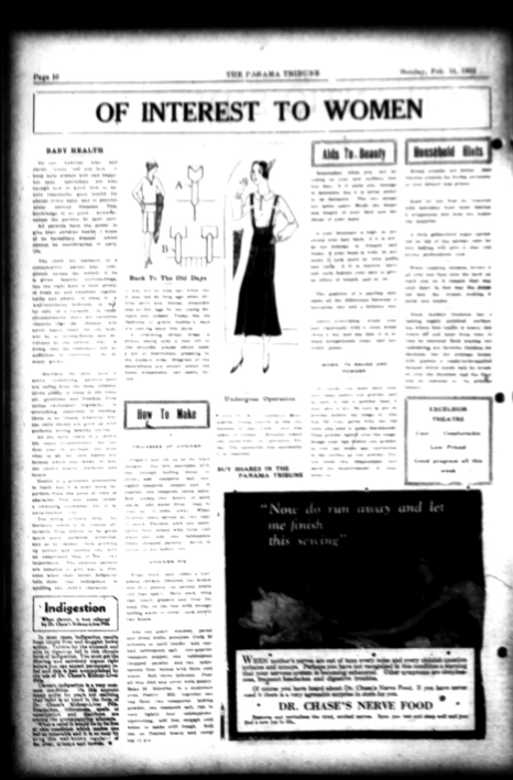 This image contains the page of the women's section of the Panama Tribune. There are a few articles, images of women, and advertisements