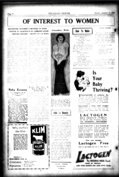 This image contains the page of the women's section of the Panama Tribune. There are a few articles, images of women, and advertisements