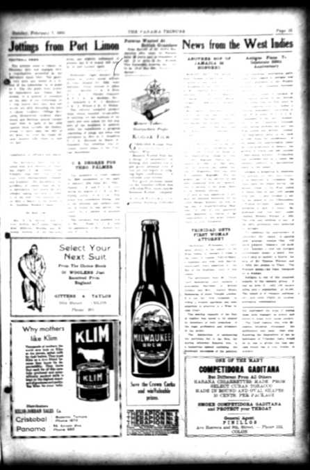 This image contains a page from the Panama Tribune. There are a few articles, including "Jottings from Port Limon" and "News from the West Indies" sections and advertisements