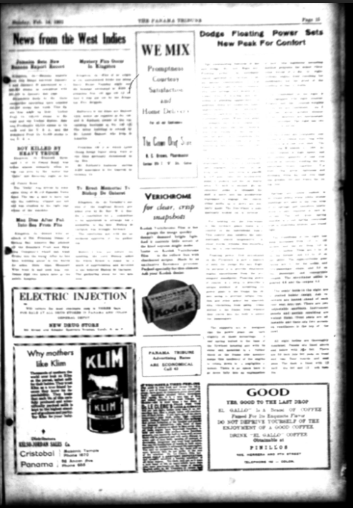 This image contains a page from the Panama Tribune. There are a few articles, including a "News from the West Indies" section and advertisements