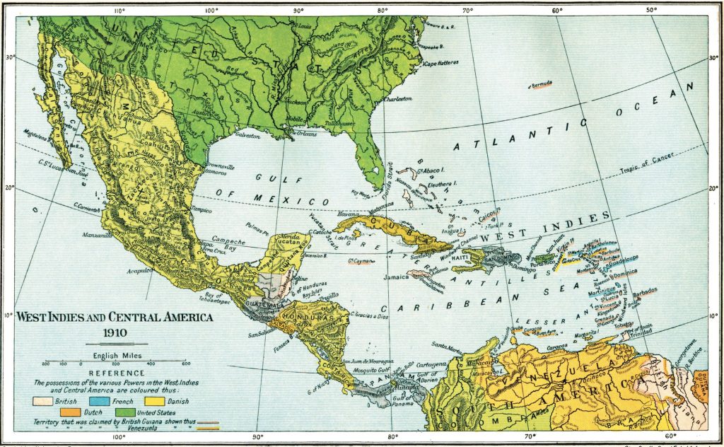 Decorative map of Central/South America and the Caribbean, 1910.