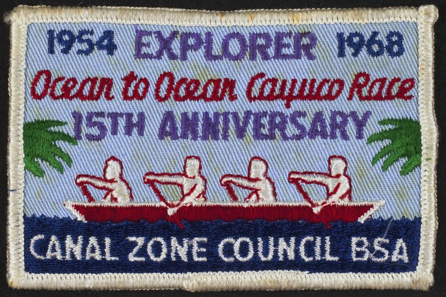 Image of a cayuco race patch from 1968 commemorating the event's 15th anniversary.